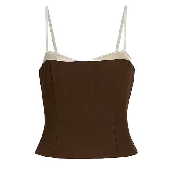 Reformation Melanie Lace Trim Crop Top Brown Cream Size 6 NWOT Sweetheart Neck - Picture 2 of 14